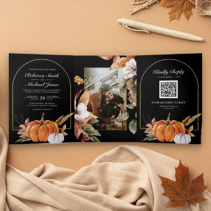 Convite Com Dobra Tripla Casamento Preto Código QR Abóbora Boho Rústico