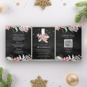 Convite Com Dobra Tripla Casamento Preto com Velas de Natal Poinsettia Códi