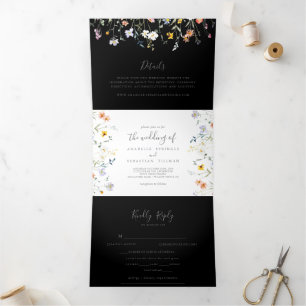 Convite Com Dobra Tripla Casamento Preto Floral Multicolor Selvagem