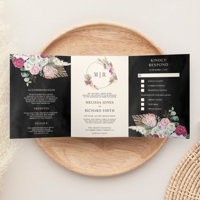 Convite Com Dobra Tripla Casamento Preto Floral Rosa Rústico Boho Pampas (Criador carregado)