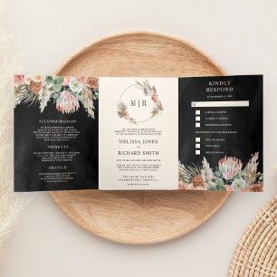 Convite Com Dobra Tripla Casamento Preto Rústico Boho Terroso Floral Pampas