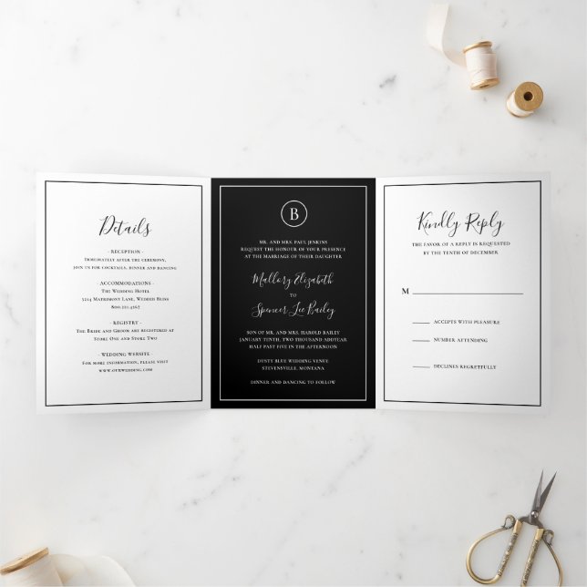 Convite Com Dobra Tripla Casamento Preto Tradicional Elegante (Dentro)