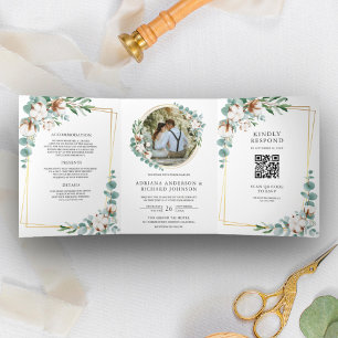 Convite Com Dobra Tripla Casamento QR Code Algodão Dourado Rústico Eucalipt
