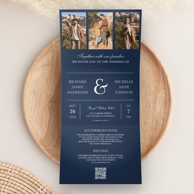 Convite Com Dobra Tripla Casamento QR Code Colagem de Fotos Mínima Azul Mar (Criador carregado)