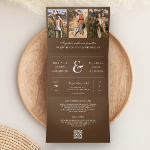 Convite Com Dobra Tripla Casamento QR Code Colagem de Fotos Minimalista Mar