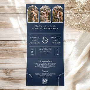 Convite Com Dobra Tripla Casamento QR code Foto Arco Minimalista Azul Marin