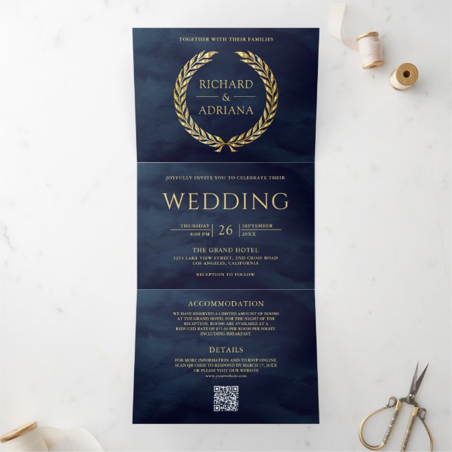 Convite Com Dobra Tripla Casamento QR Code Mínimo Folha de Louro Dourado Az (Dentro)