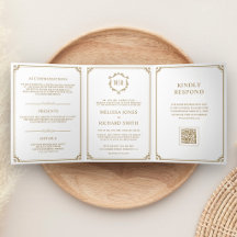 Casamento QR Code Monograma Clássico Branco e Dour