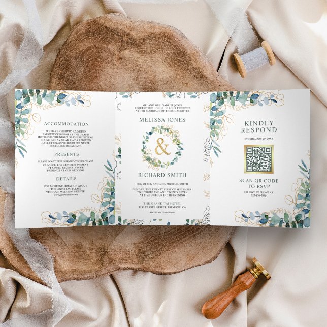 Convite Com Dobra Tripla Casamento QR Code Rústico Eucalipto Dourado Tudo e (Criador carregado)