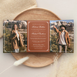 Convite Com Dobra Tripla Casamento QR Code Terracota Foto Minimalista
