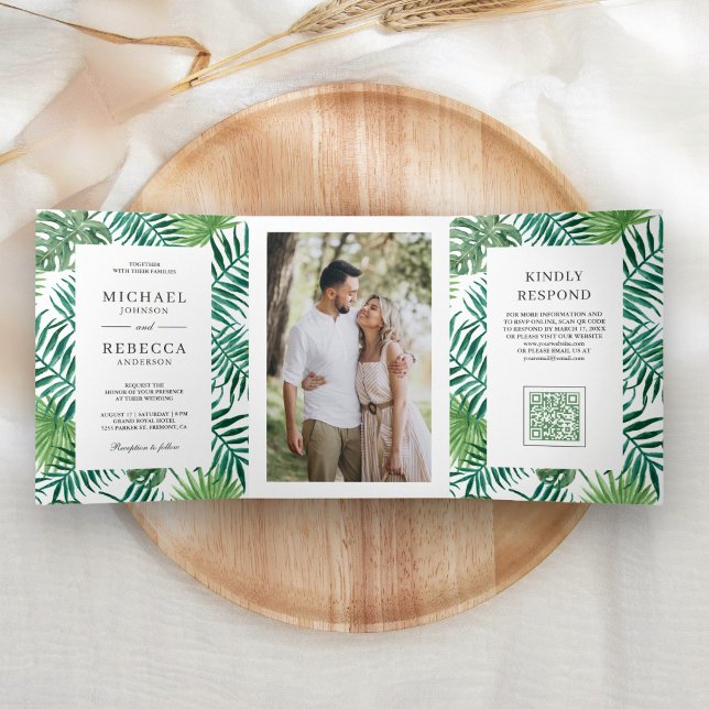Convite Com Dobra Tripla Casamento QR Code Tropical com Folhas de Palmeira  (Criador carregado)