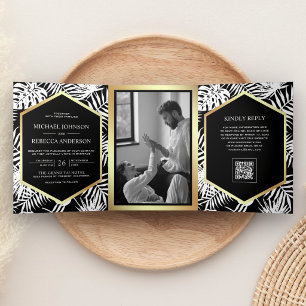 Convite Com Dobra Tripla Casamento QR Code Tropical Palma Preto Branco Dour