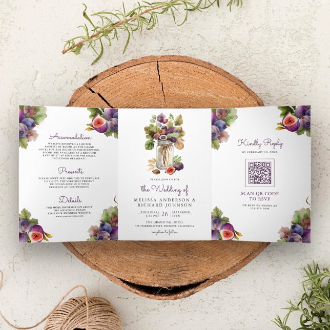 Convite Com Dobra Tripla Casamento QR Code Tudo em Um Roxo Rústico Figo (Criador carregado)