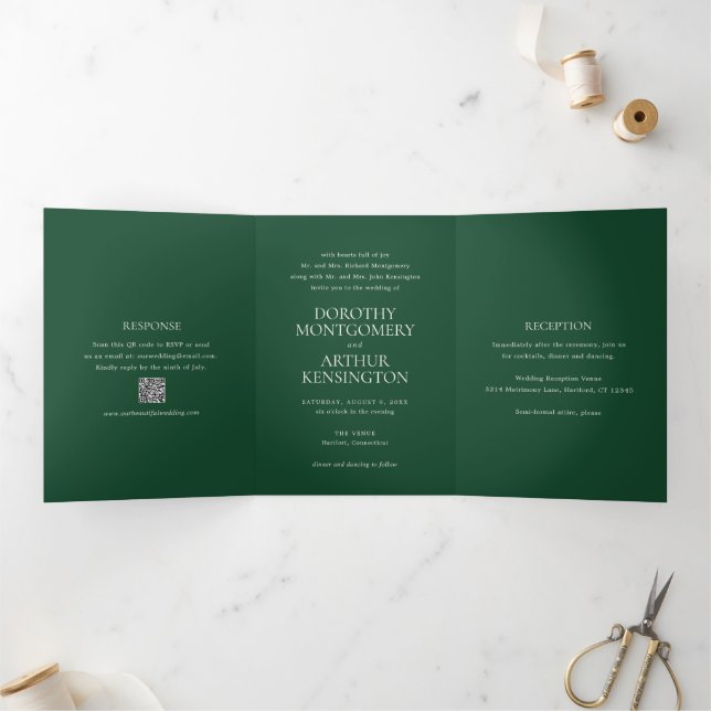 Convite Com Dobra Tripla Casamento QR Code Verde Esmeralda Moderno e Elegan (Dentro)