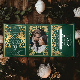 Convite Com Dobra Tripla Casamento Real Real Medieval do Leão Verde Trifold