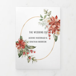 Convite Com Dobra Tripla Casamento Red Poinsettia Evergreens Red Berries