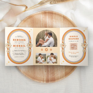 Convite Com Dobra Tripla Casamento Retro Colorido Groovy Quadro Vintage 70s