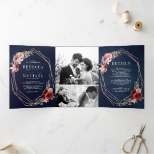 Convite Com Dobra Tripla Casamento Rosa Azul Bege Burgundy Floral Dourado