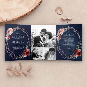 Convite Com Dobra Tripla Casamento Rosa Azul Bege Burgundy Floral Dourado