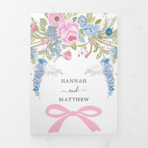 Convite Com Dobra Tripla Casamento Rosa Azul Floral Aquarela Vintage