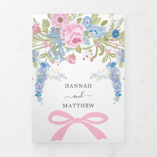 Convite Com Dobra Tripla Casamento Rosa Azul Floral Aquarela Vintage