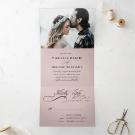 Convite Com Dobra Tripla Casamento Rosa Bege Caligrafia Elegante