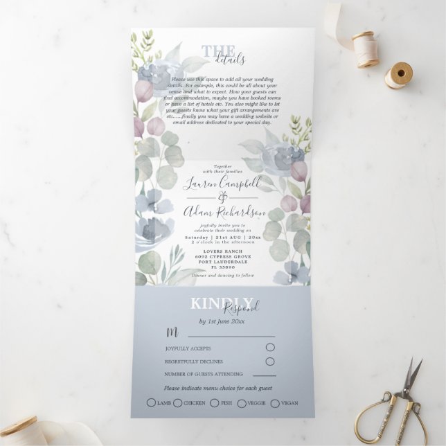 Convite Com Dobra Tripla Casamento Russo Eucalyptus Floral Dusty Blue (Dentro)