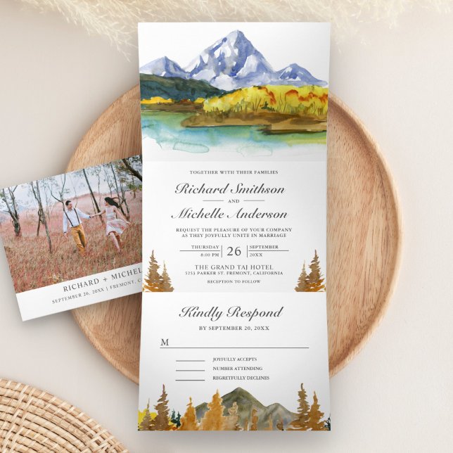 Convite Com Dobra Tripla Casamento Rustic Autumn Fall Mountain Lake (Criador carregado)