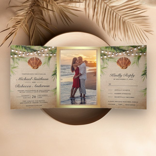 Convite Com Dobra Tripla Casamento Rustic Burlap Tropical Palm Leaf Seashel (Criador carregado)