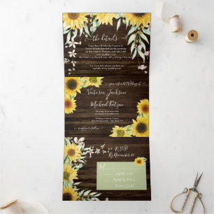 Convite Com Dobra Tripla Casamento Rustic Country Sunflower
