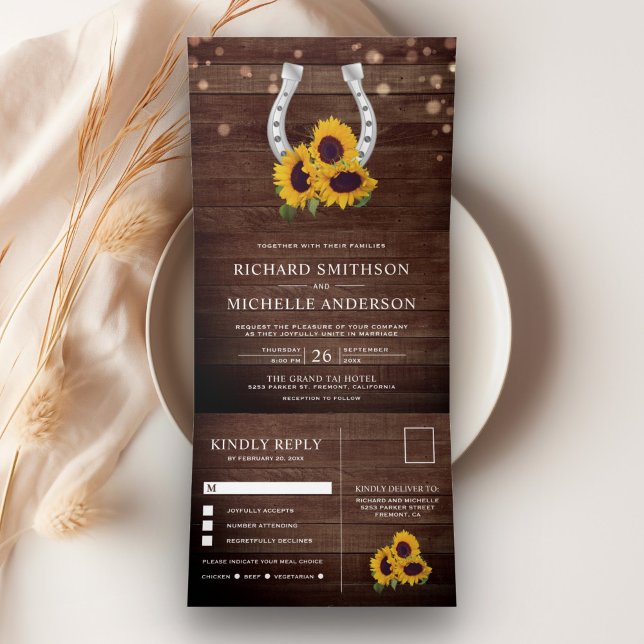 Convite Com Dobra Tripla Casamento Rustic Country Wood Sunflower (Criador carregado)