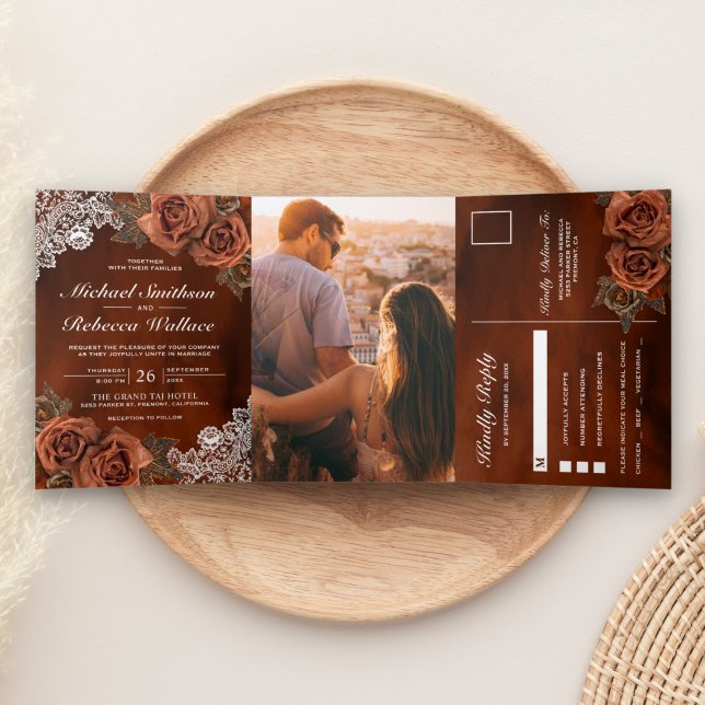 Convite Com Dobra Tripla Casamento Rustic Earthy Orange Dusty Terracotta Ro (Criador carregado)