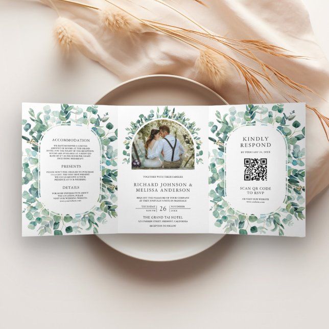 Convite Com Dobra Tripla Casamento Rustic Eucalyptus Photo All in One QR Co (Criador carregado)