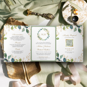 Convite Com Dobra Tripla Casamento Rustic Eucalyptus Wreath QR Code