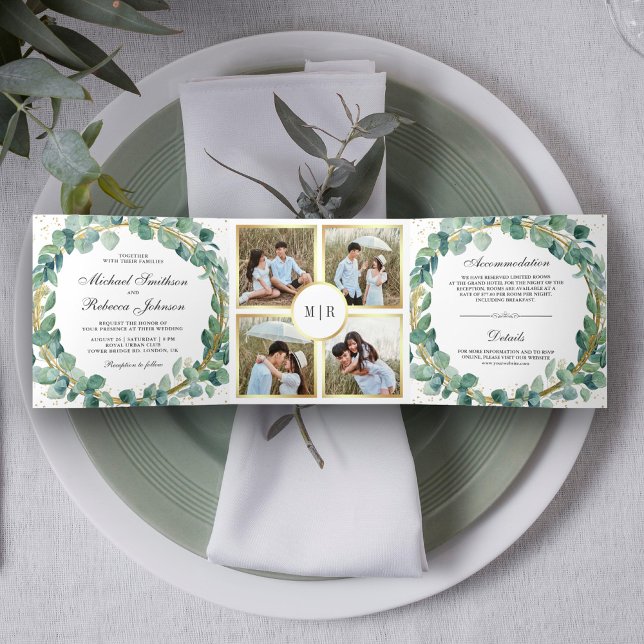 Convite Com Dobra Tripla Casamento Rustic Green e Dourado Eucalyptus Wreath (Criador carregado)