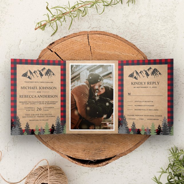Convite Com Dobra Tripla Casamento Rustic Kraft Red Buffalo Xadrez Mountain (Criador carregado)