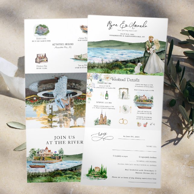 Convite Com Dobra Tripla Casamento Rustic River Alexandria Bay (Criador carregado)