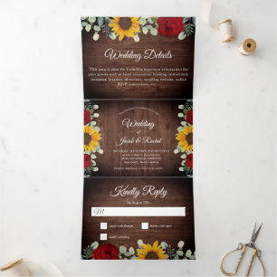Convite Com Dobra Tripla Casamento Rustic Sunflower Eucalyptus Rosa vermelh