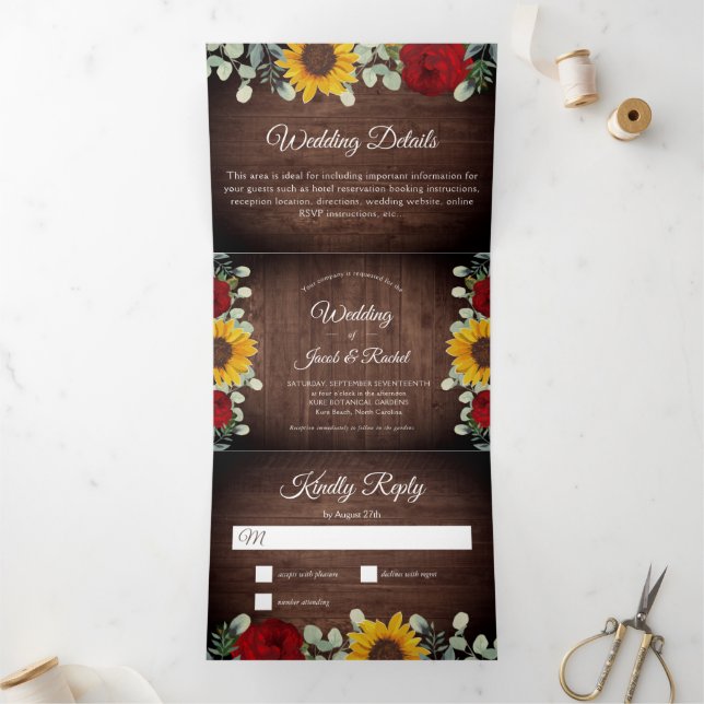 Convite Com Dobra Tripla Casamento Rustic Sunflower Eucalyptus Rosa vermelh (Dentro)