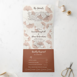 Convite Com Dobra Tripla Casamento Rustic Terracotta Ginkgo Foliage