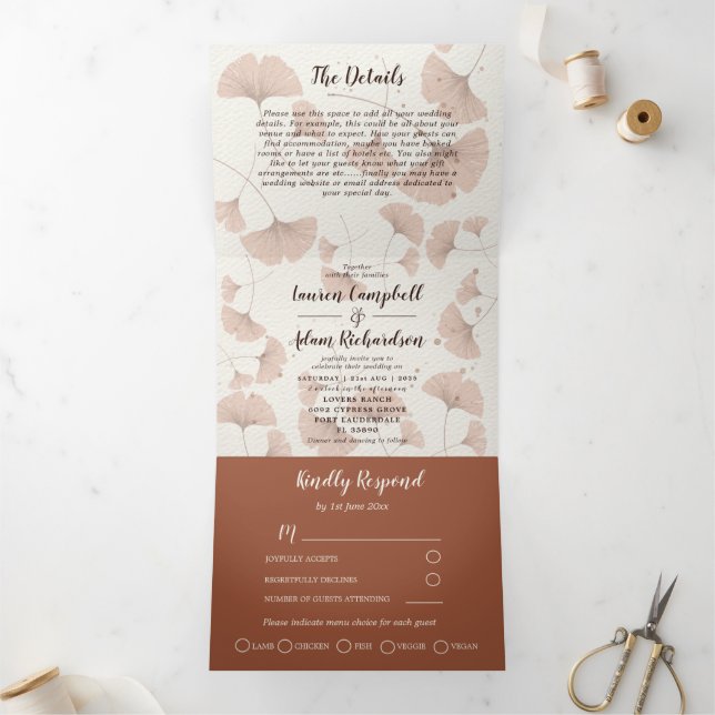 Convite Com Dobra Tripla Casamento Rustic Terracotta Ginkgo Foliage (Dentro)