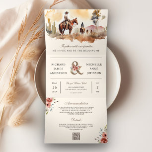 Convite Com Dobra Tripla Casamento Rustic Western Cowboy All in One QR Code