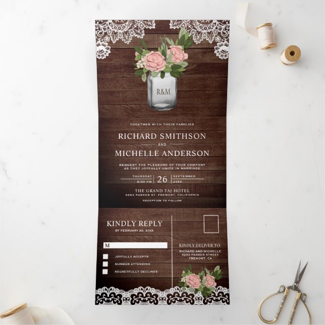 Convite Com Dobra Tripla Casamento Rustic Wood Dusty Rosa Mason Jar Lace (Dentro)
