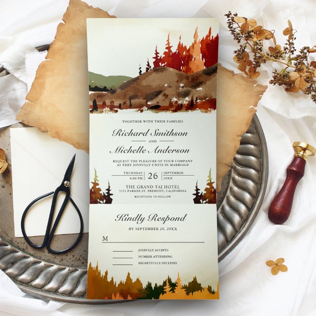 Convite Com Dobra Tripla Casamento Rustic Woodland Autumn Mountain (Criador carregado)