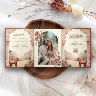 Convite Com Dobra Tripla Casamento Rústico Boho Floral Indiano Cavalo