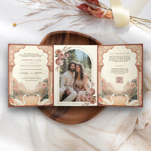 Convite Com Dobra Tripla Casamento Rústico Boho Floral Índiano Cisne