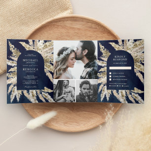 Convite Com Dobra Tripla Casamento Rústico Boho Grama das Pampas Arco Azul