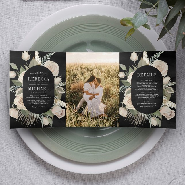 Convite Com Dobra Tripla Casamento Rústico Boho Rosas Marfim Verde Salvia P (Criador carregado)