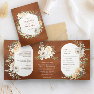 Convite Com Dobra Tripla Casamento Rústico Boho Terroso Floral de Pêssego T