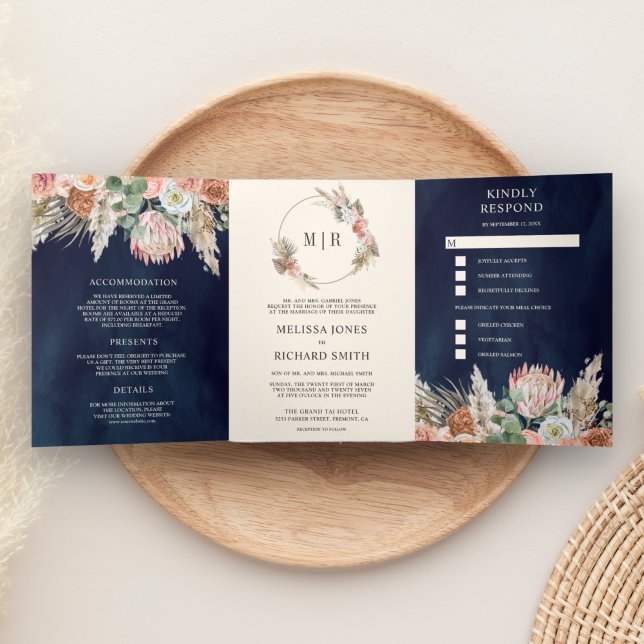 Convite Com Dobra Tripla Casamento Rústico Boho Terroso Floral Pampas Azul  (Criador carregado)